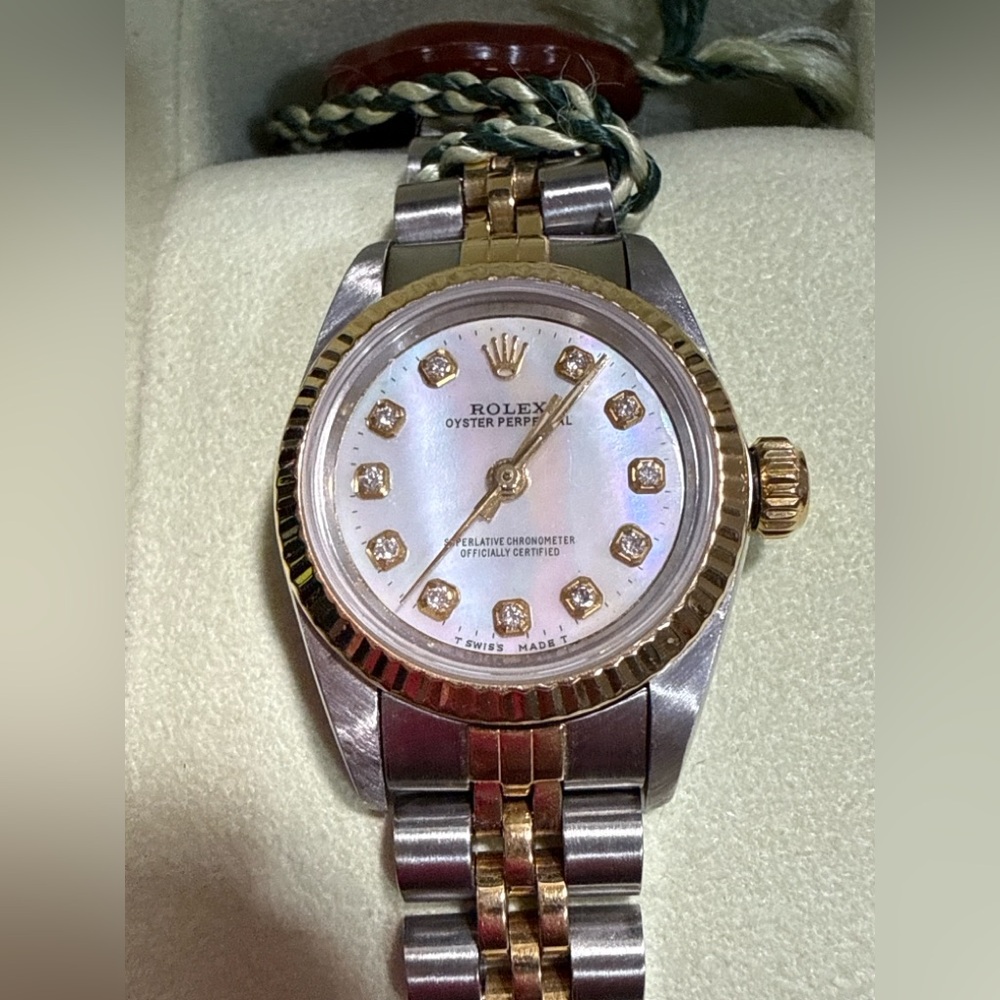 SOLD AUTHENTIC Ladies Rolex Oyster Perpetual Diamonds Mother of Pearl Face Watch